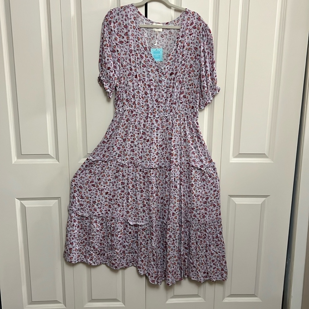 NWT Purple & Pink Short-Sleeved Floral Tiered Maxi Dress🩷💜